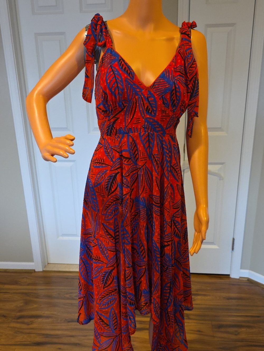 Alexis Red and Blue Leaf-Print One-Shoulder Tie Dress